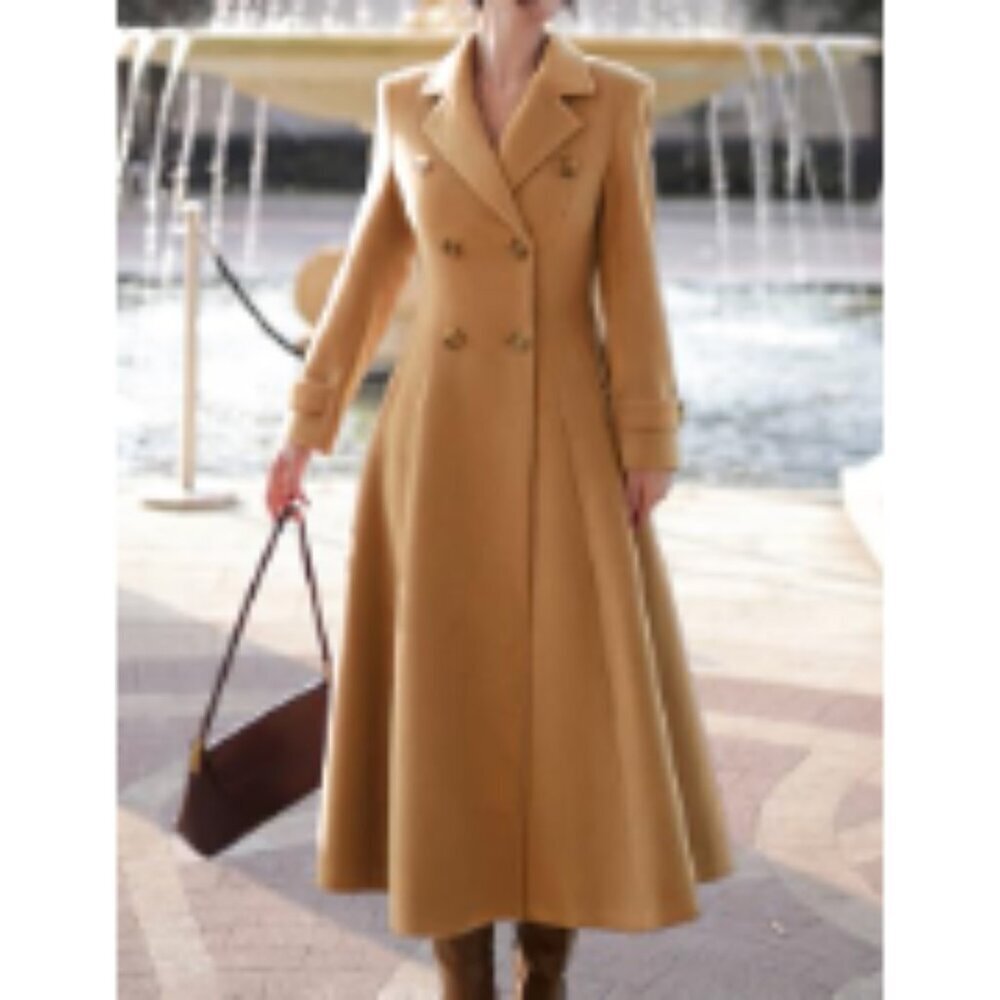 Wool Blend Pea Coat Long Trench Double Breasted Slim Fit Overcoat - Picture 6 of 6